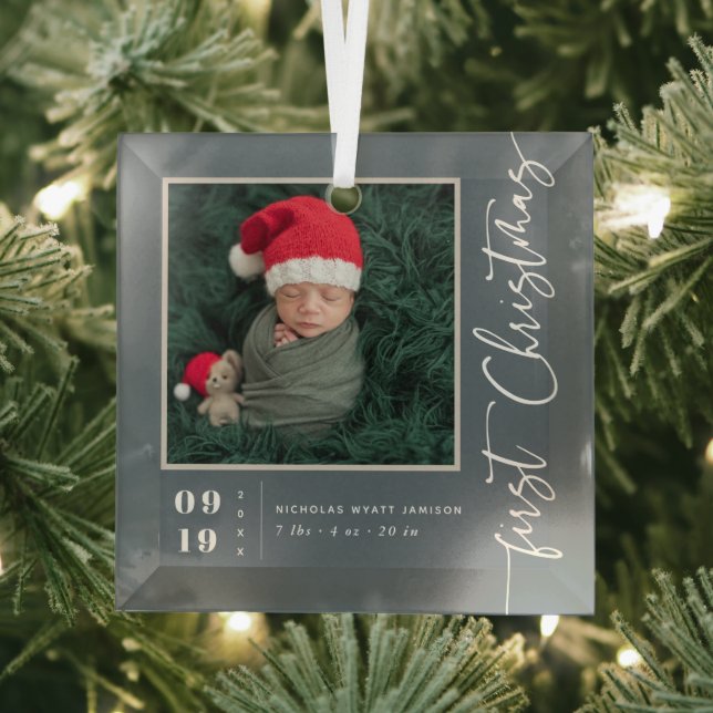 First Christmas Script Baby Birth Stats & Photo  Glass Ornament (Insitu)