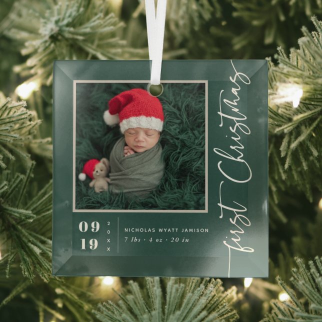 First Christmas Script Baby Birth Stats & Photo  Glass Ornament (Insitu)