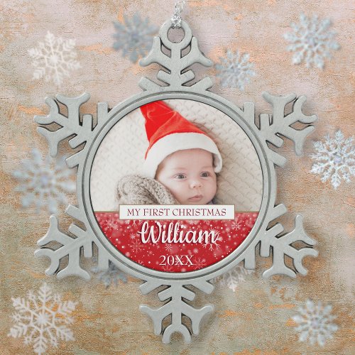 First Christmas Script Baby Photo  Snowflake Pewter Christmas Ornament