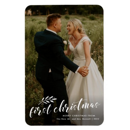 First Christmas Script Wedding Photo Holiday Card Magnet