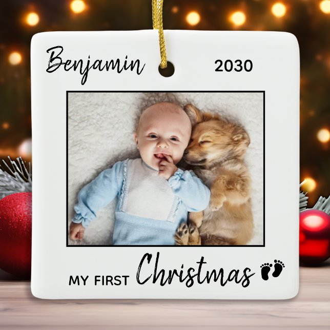 First Christmas Simple Customized Cute Baby Photo Ceramic Ornament (Creator Uploaded)
