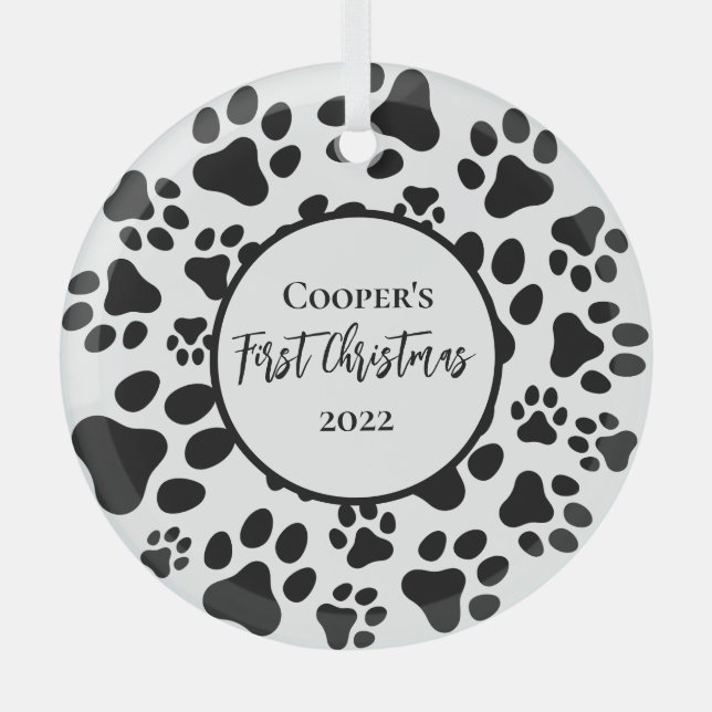 First Christmas Simple Cute Puppy Paws Glass Ornament (Front)