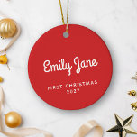 First Christmas Simple Cute Red Personalized Name Ceramic Ornament<br><div class="desc">Celebrate a special milestone with this First Christmas ornament, featuring a simple and cute design in festive red. Personalized with a name, this ceramic ornament is the perfect keepsake to commemorate a baby's first Christmas or a newlywed couple’s holiday together. Its minimalist charm adds a sweet and timeless touch to...</div>