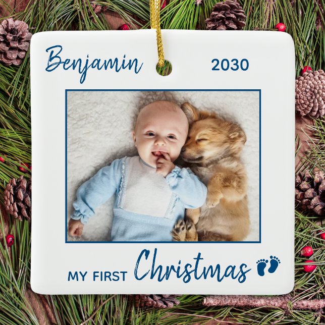 First Christmas Simple Minimalist Blue Baby Photo Ceramic Ornament (Creator Uploaded)