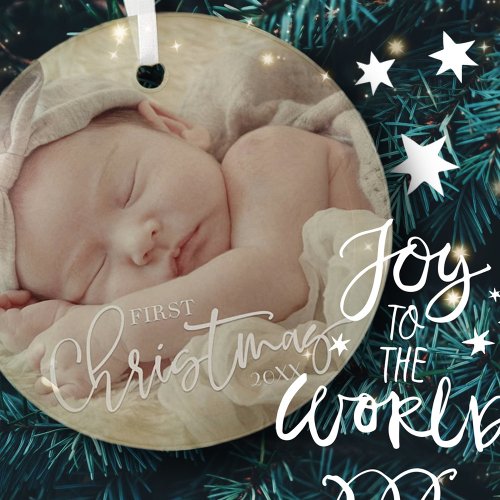 First Christmas Simple Script Custom Baby Photo Ceramic Ornament