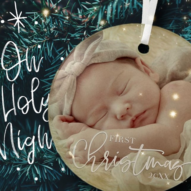 First Christmas Simple Script Custom Baby Photo Glass Ornament (Creator Uploaded)