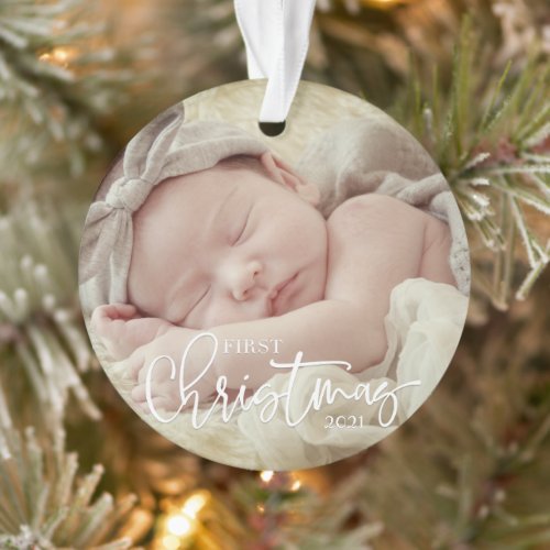 First Christmas Simple Script Custom Baby Photo Ornament