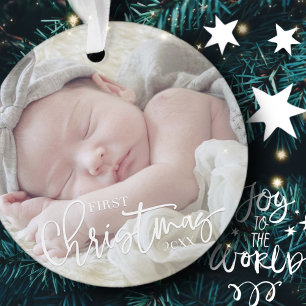 First Christmas Simple Script Custom Baby Photo Ornament