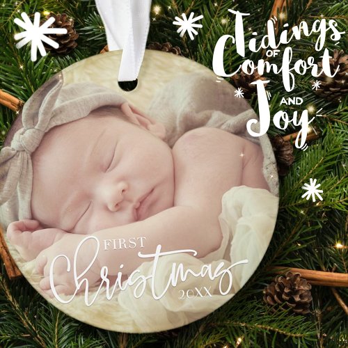 First Christmas Simple Script Custom Baby Photo Ornament