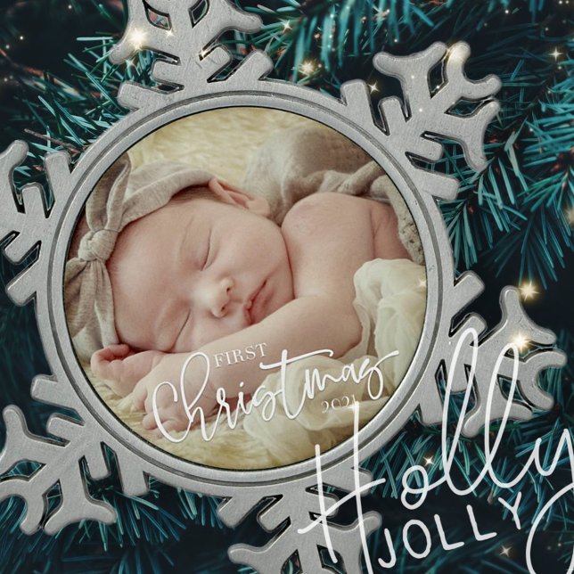 First Christmas Simple Script Custom Baby Photo Snowflake Pewter Christmas Ornament (Creator Uploaded)