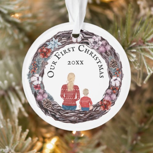 First Christmas single mother child blonde PHOTO Ornament