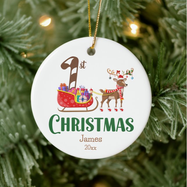 First Christmas Sleigh Reindeer Name Colorful   Ceramic Ornament (Creator Uploaded)