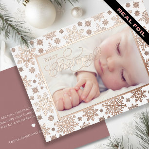 First Christmas Snowflake Frame Rose Gold Foil Holiday Card