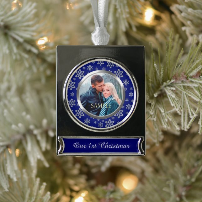 First Christmas Snowflake on Blue Silver Plated Banner Ornament (Tree)