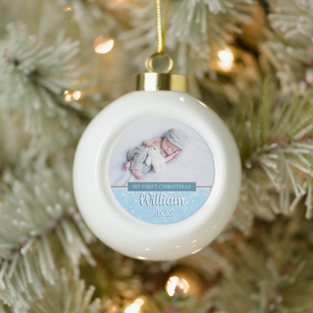 First Christmas Snowflakes Baby Boy Photo  Ceramic Ball Christmas Ornament (Tree)