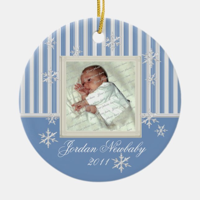 First Christmas Snowflakes Blue Ceramic Ornament (Front)