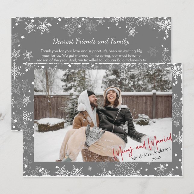 First Christmas Snowflakes Merry and Married Photo Holiday Card (Front/Back)