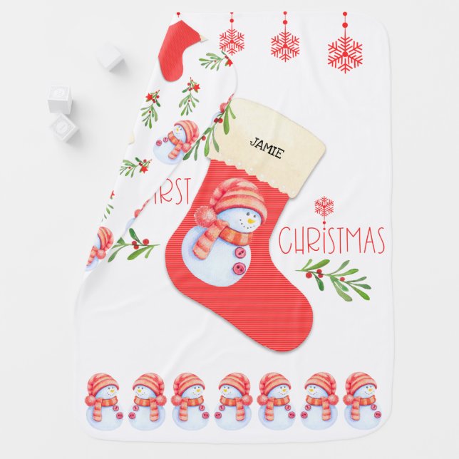 First Christmas Snowman and Vintage Stocking Baby Blanket (In Situ)