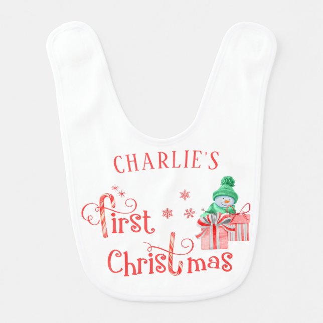 First Christmas - Snowman with Christmas Gifts Baby Bib (Front)