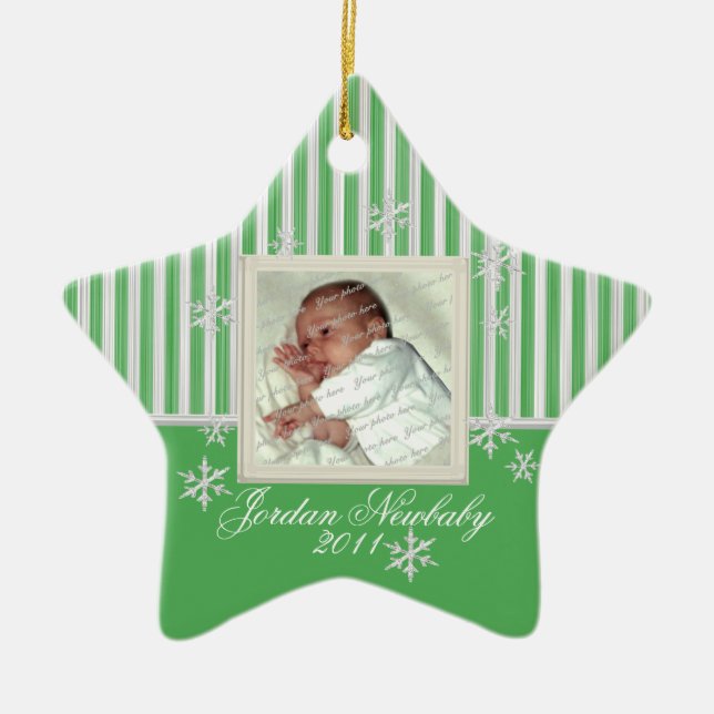First Christmas Star and Snowflakes Green Ceramic Ornament (Front)