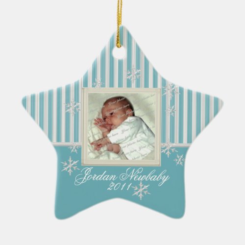 First Christmas Star and Snowflakes Light Blue Ceramic Ornament