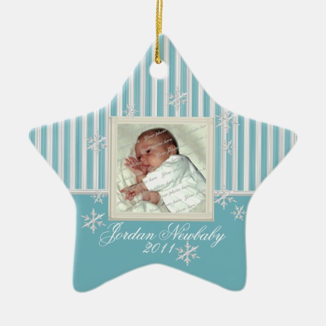 First Christmas Star and Snowflakes Light Blue Ceramic Ornament (Front)