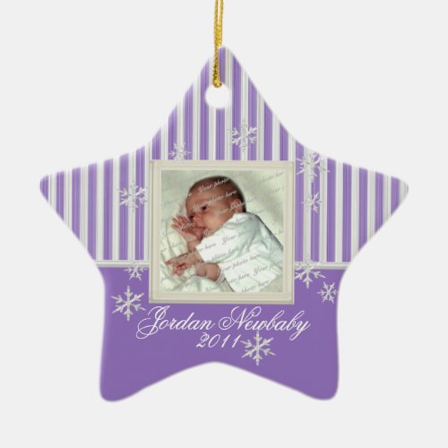 First Christmas Star and Snowflakes Purple Ceramic Ornament