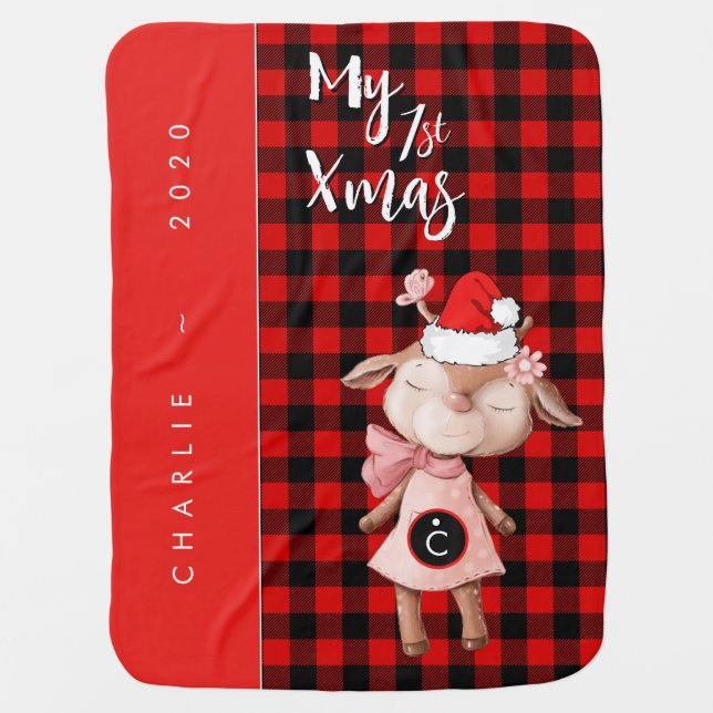 First Christmas Sweet Reindeer Red Plaid Monogram Baby Blanket (Front)