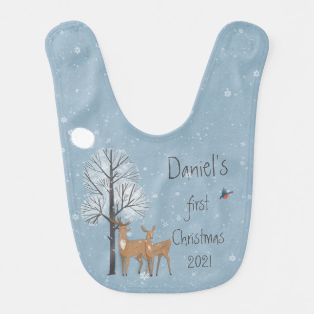 First Christmas Sweet Scenic Wildlife Deer Fox Baby Bib (Front)
