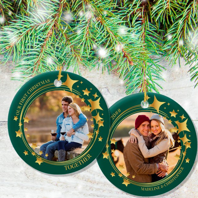 First Christmas Together 2 Photo Gold Star Wreath Ceramic Ornament (Creator Uploaded)