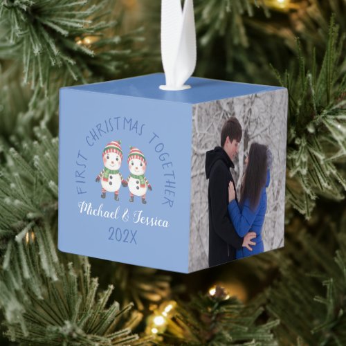 First Christmas Together 3 Photos 2 Snowmen Script Cube Ornament