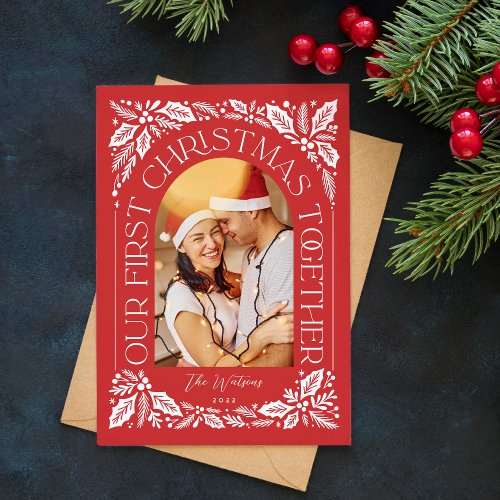 First Christmas Together Arch Red 3 Photo Collage Holiday Card