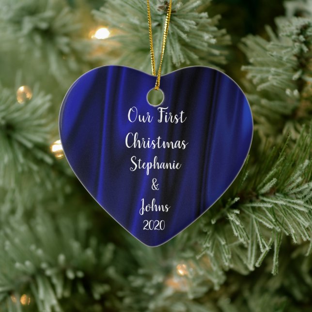 First Christmas Together Blue Satin Royal Trendy Ceramic Ornament (Tree)