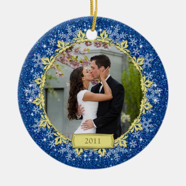 First Christmas Together Blue Snowflake Photo Ceramic Ornament (Front)