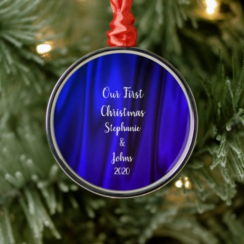 First Christmas Together Bright Blue Satin Royal Metal Ornament