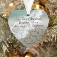 First Christmas Together Couple Hearts Beach Sand