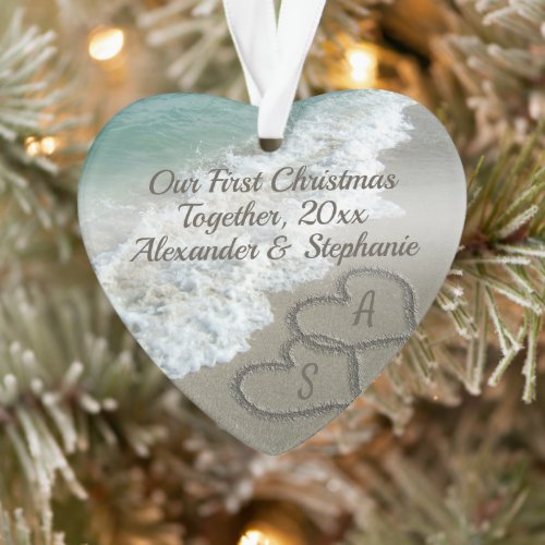 First Christmas Together Couple Hearts Beach Sand Ornament