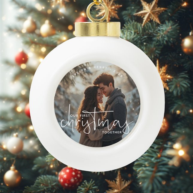 First Christmas Together Couple Name Photo Ceramic Ball Christmas Ornament (Creator Uploaded)