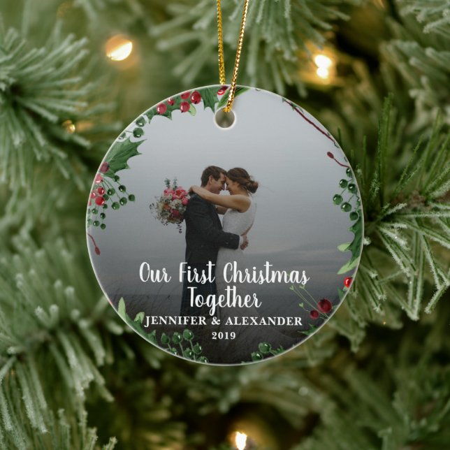 First Christmas Together couple photo Ceramic Ornament (Tree)