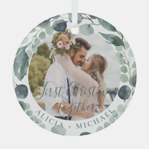 First Christmas together couple photo names Glass Ornament