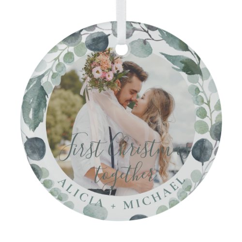 First Christmas together couple photo names Glass Ornament