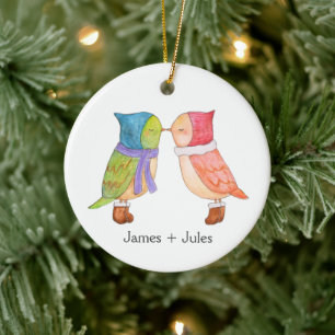 First Christmas Together Cute Lovebirds Custom Ceramic Ornament