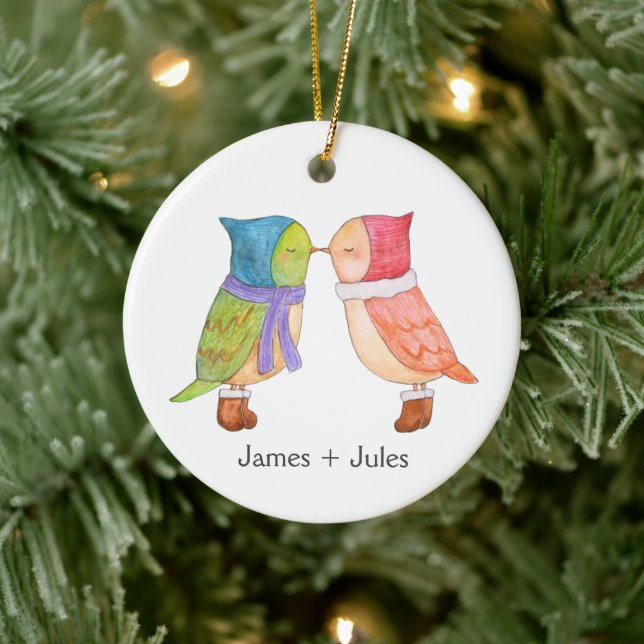 First Christmas Together Cute Lovebirds Custom  Ceramic Ornament (Tree)