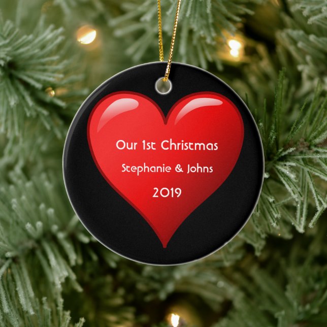 First Christmas Together Cute Red Heart 2019 Black Ceramic Ornament (Tree)