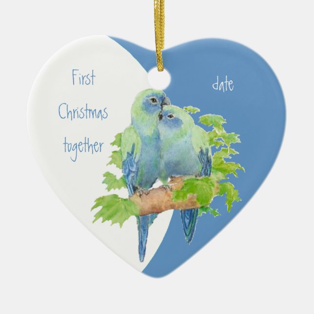 First Christmas Together Dated Cuddling Birds Ceramic Ornament (Front)