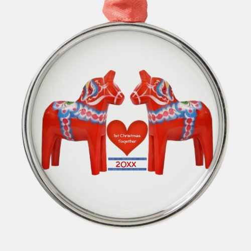 First Christmas Together Dated Swedish Dala Horse Metal Ornament