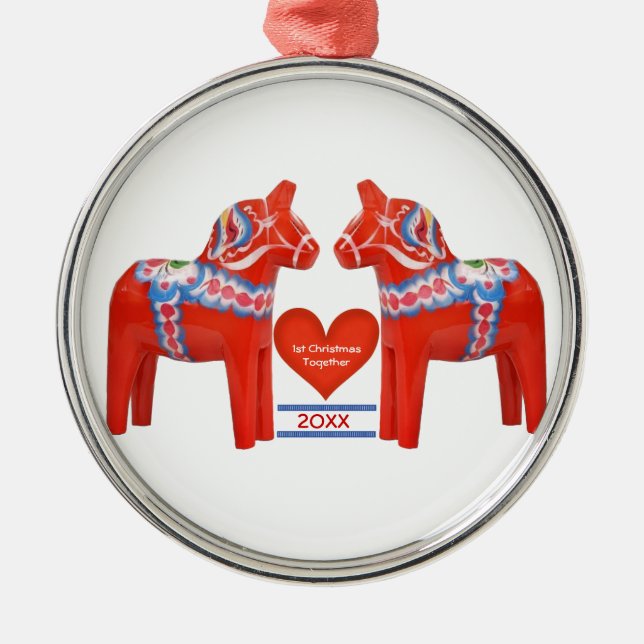 First Christmas Together Dated Swedish Dala Horse Metal Ornament (Front)
