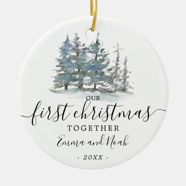 First Christmas together engaged married forest Ceramic Ornament (Front)