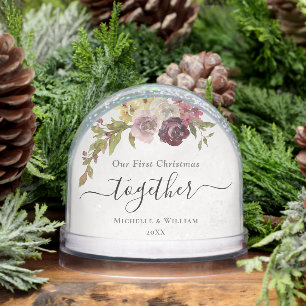 First Christmas Together Floral Monogram Photo Snow Globe