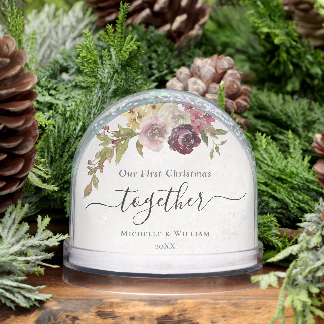 First Christmas Together Floral Monogram Photo Snow Globe (Winter)